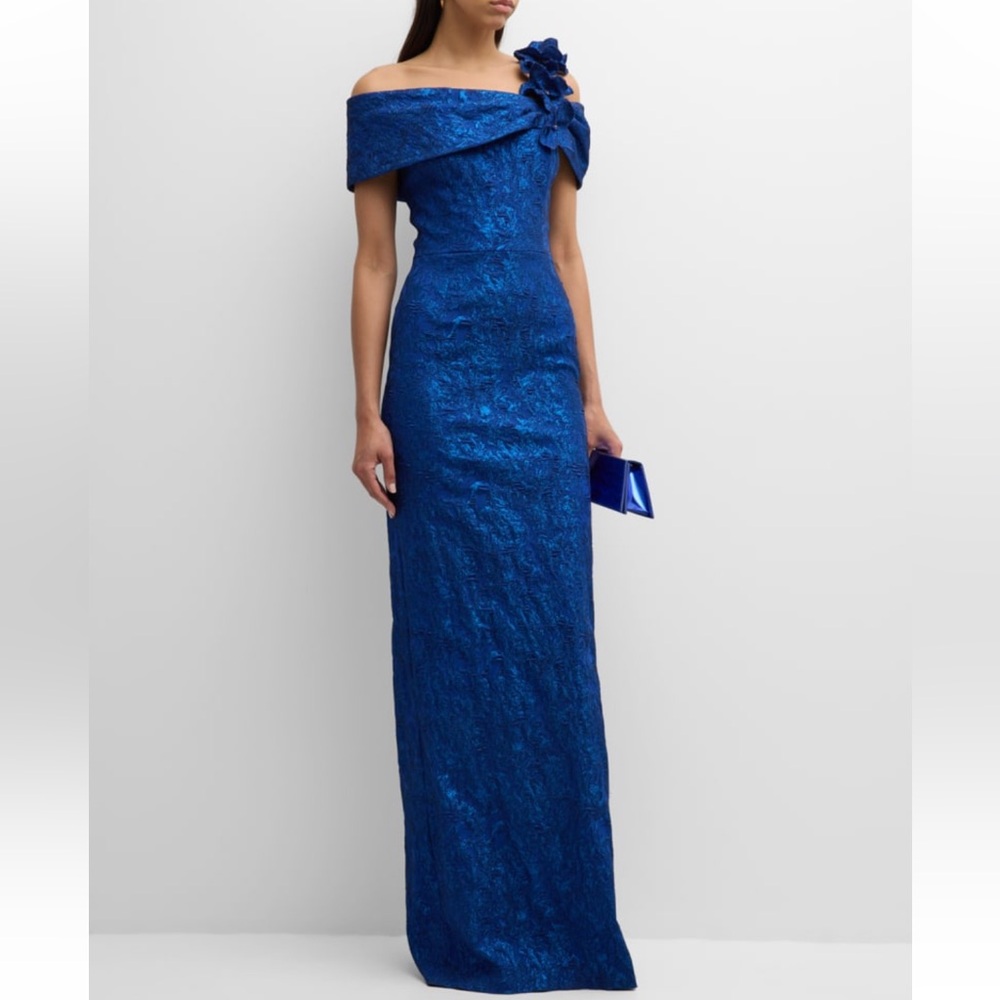 Rickie Freeman for Teri Jon One Shoulder Jacquard Column Gown